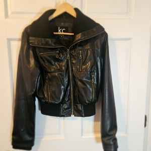 KC collection size medium dark brown faux leather bombers jacket.